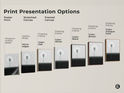 Explore print presentation options. See poster prints. Stretched canvas and framed canvas. Gallery wrap and floating frame. See how the minimalist dandelion artwork transforms. Options with black brown white and oak frames. Find the perfect style for your space.