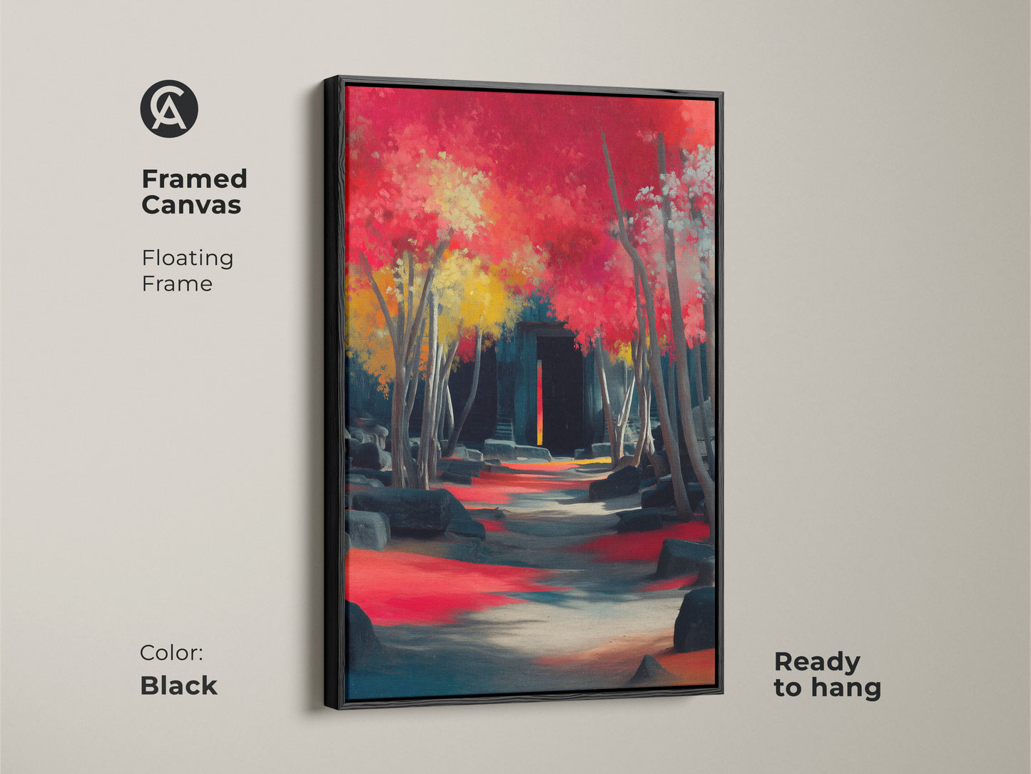 Framed canvas in black featuring an impressionistic landscape art. It showcases a pathway through trees leading to ancient ruins. Ready to hang nature inspired art enhances any home. It is a thoughtful gift for travelers.
