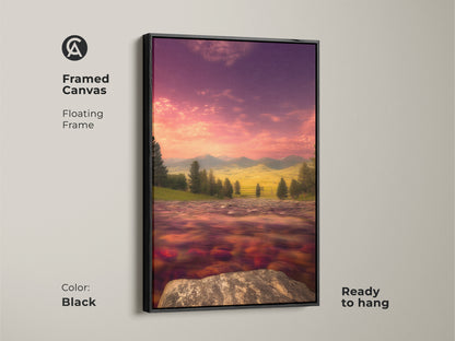 Black framed canvas featuring an impressionist river landscape. The art displays a painterly scenery with a pink and purple sky. It's ready to hang and adds a contemporary touch to any room. This mountain river artwork makes a great housewarming gift.