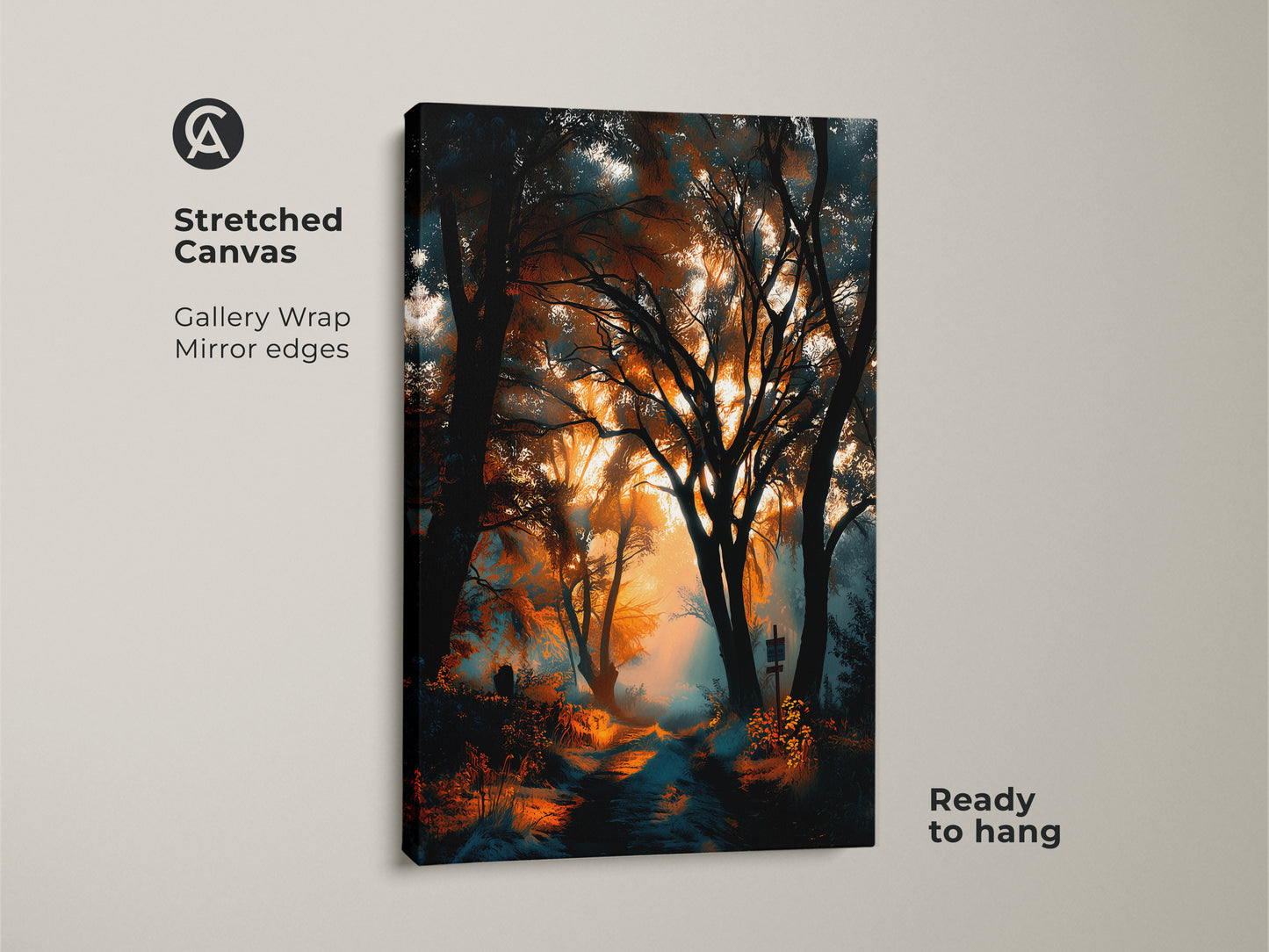 Stretched canvas artwork of a forest path at sunset. The gallery wrap and mirror edges give a modern feel. The canvas is ready to hang and enjoy. Perfect for nature lovers.