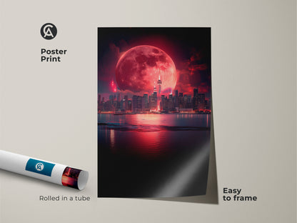 Poster print showcasing a surreal cityscape with a dramatic crimson moon. Easy to frame this fantasy night sky art adds a modern touch to your walls. The dark blue skyline artwork is a unique bedroom decor piece and a thoughtful travel gift.