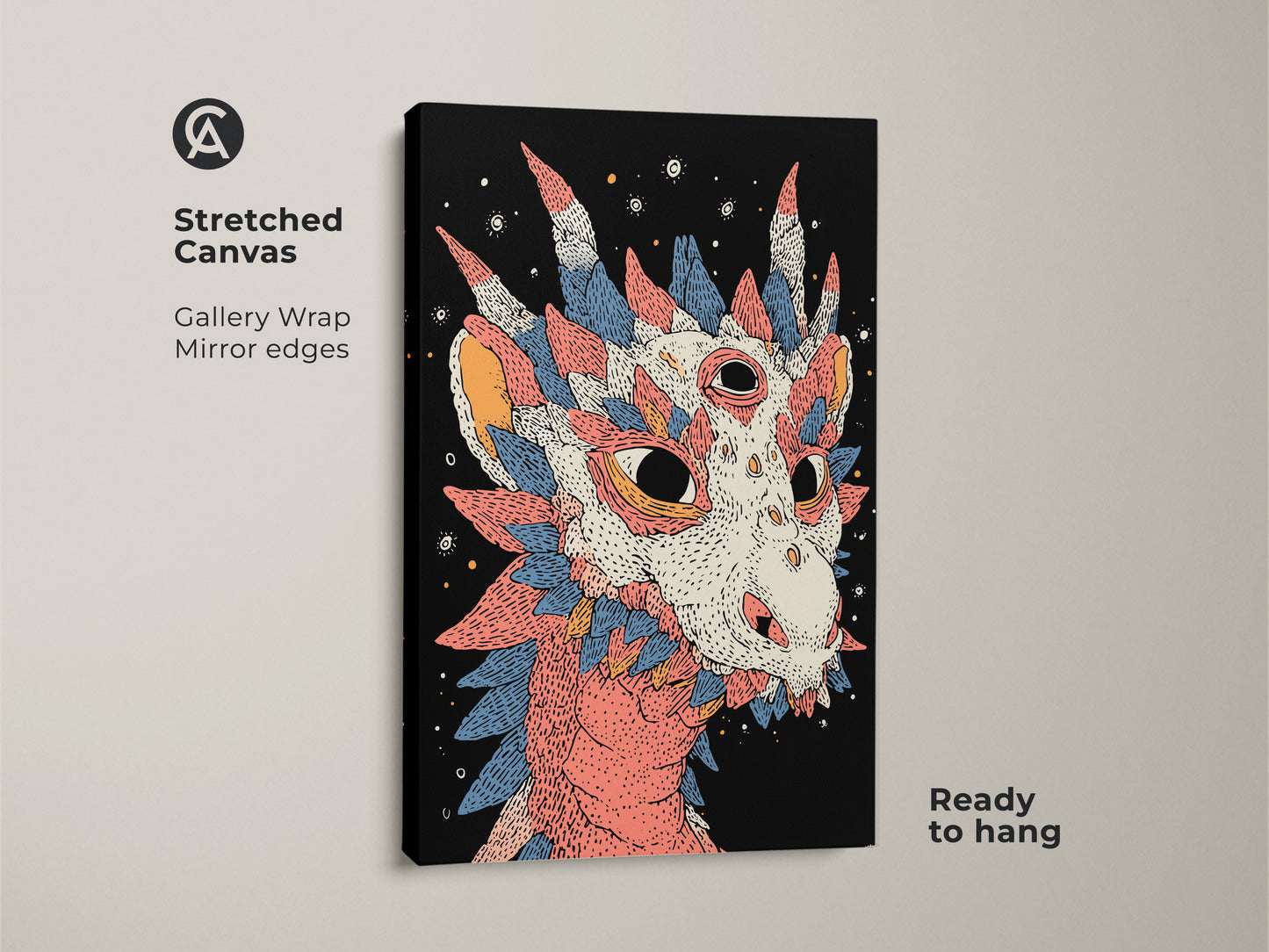Stretched canvas showing fantasy art for a bedroom. The mythical creature canvas art features eclectic home decor. A coral blue and white artwork makes a bold statement ready to hang.