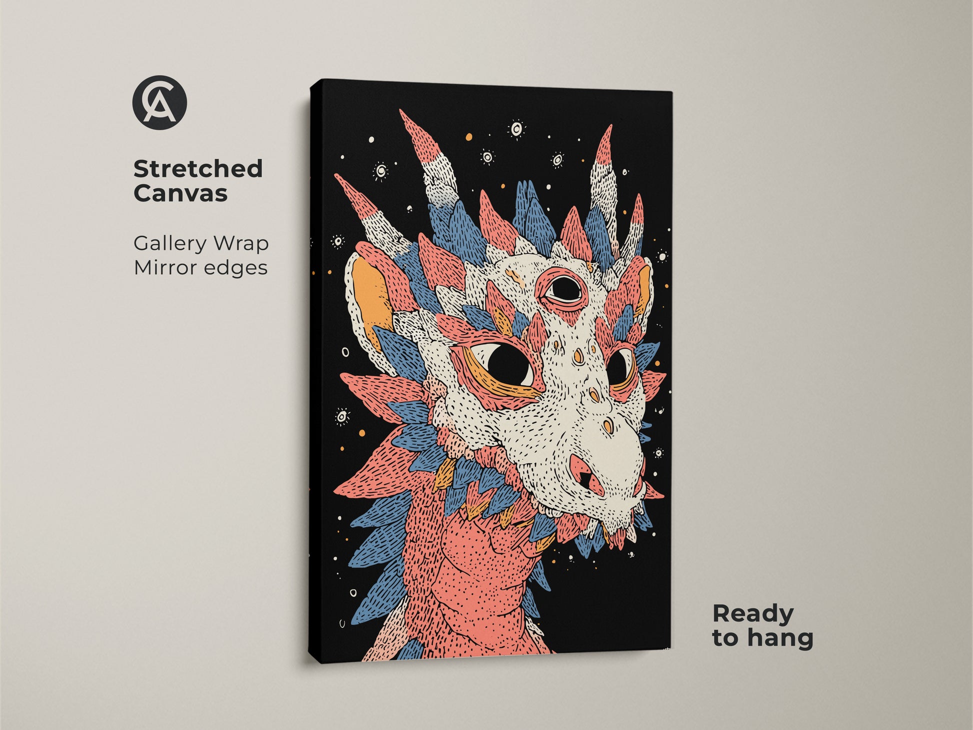 Stretched canvas showing fantasy art for a bedroom. The mythical creature canvas art features eclectic home decor. A coral blue and white artwork makes a bold statement ready to hang.