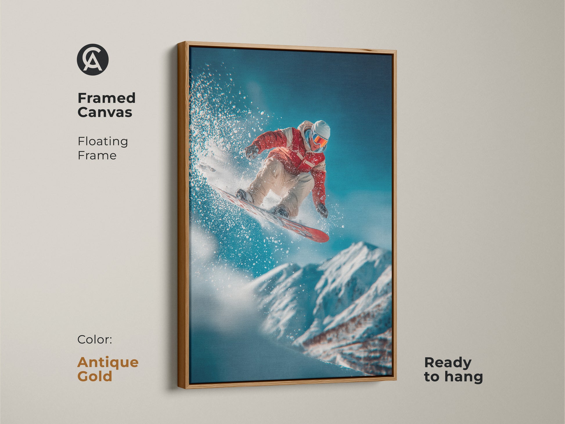 A snowboarder is featured in this framed canvas artwork. The antique gold frame adds a touch of elegance. Ready to hang it brings excitement to any room. Ideal for those seeking sophisticated action art.