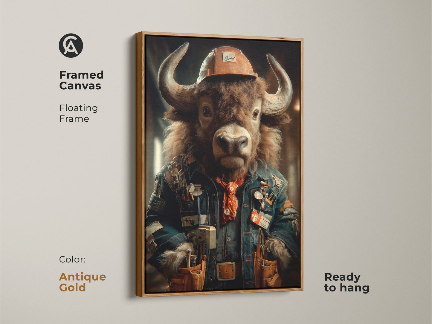 This framed canvas features a steampunk buffalo with an antique gold floating frame. This industrial animal canvas wall art is a unique office decor piece. A great Father's Day gift. The denim blue and orange colors give it a rustic feel. It’s perfect for a workshop or man cave.