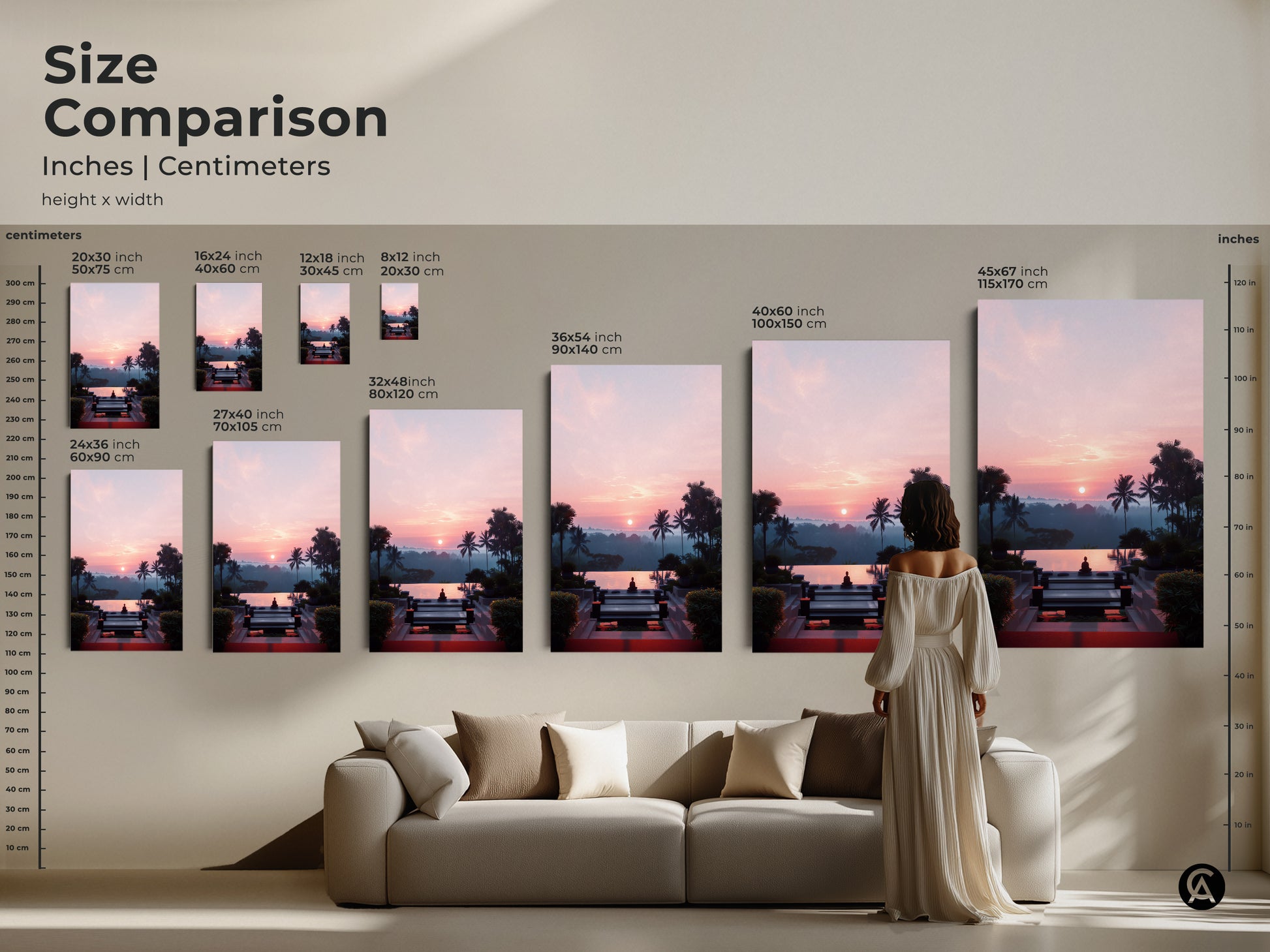 Size comparison of Zen Buddha Pool art in inches and centimeters. The image shows how the tropical pink and orange sunset landscape art looks in different sizes above a couch. Perfect for planning your boho yoga meditation home decor. Find the ideal scale for your serene zen artwork.