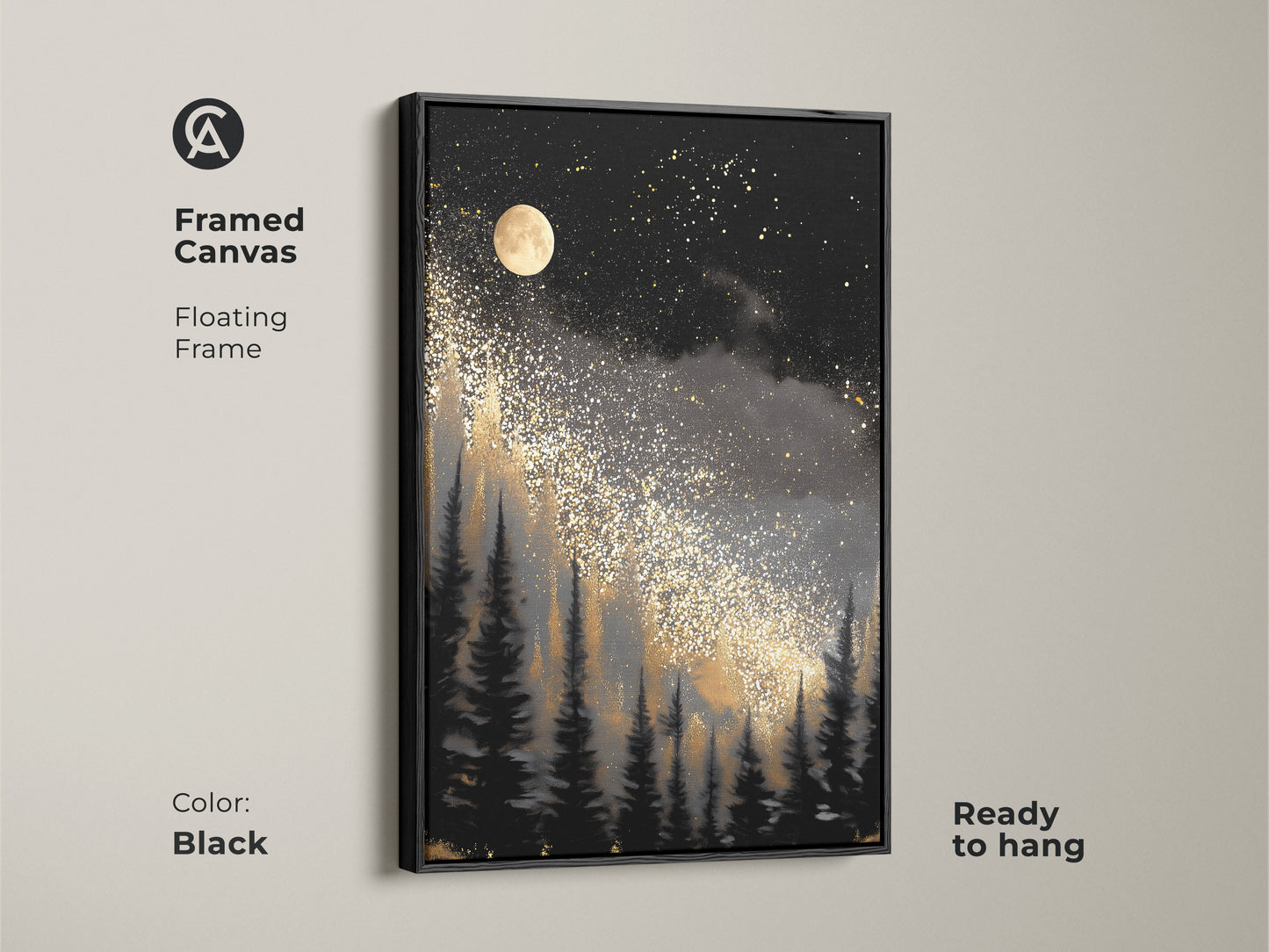 See the framed canvas featuring abstract moon art with a black floating frame. The black gold celestial decor makes a great housewarming gift. Enjoy the ready to hang starry night wall art.
