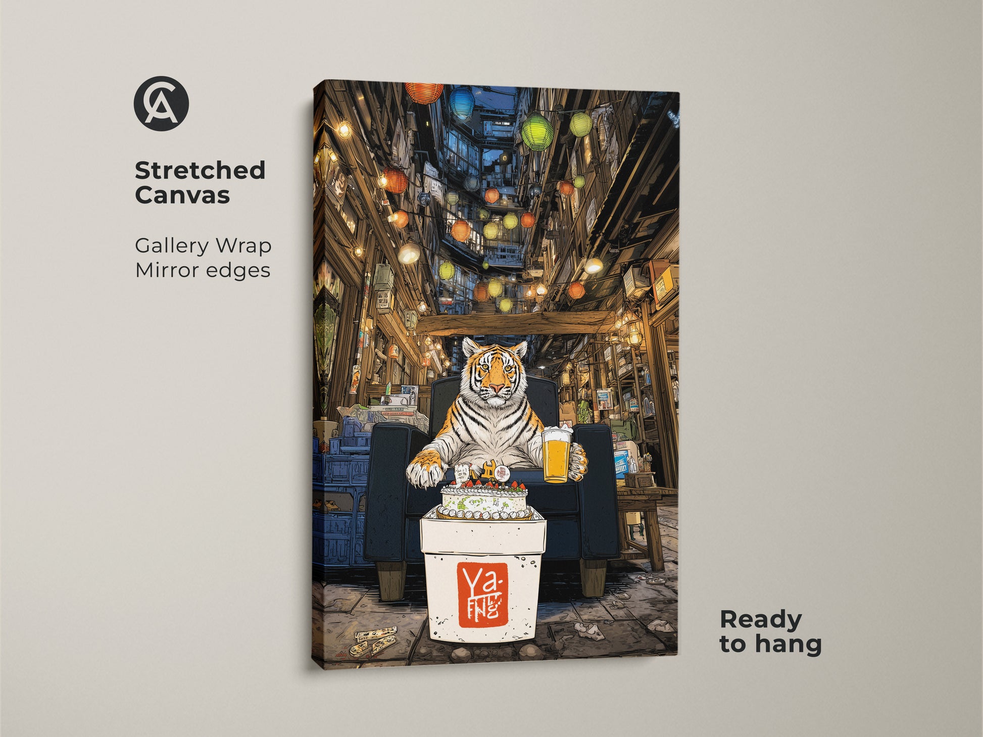 Stretched canvas artwork featuring a tiger's birthday in an urban setting. This gallery-wrapped canvas has mirror edges. Ready to hang piece. It shows a tiger celebrating in a lantern-lit alley. Perfect animal lover gift. Eclectic home decor with orange and brown tones.