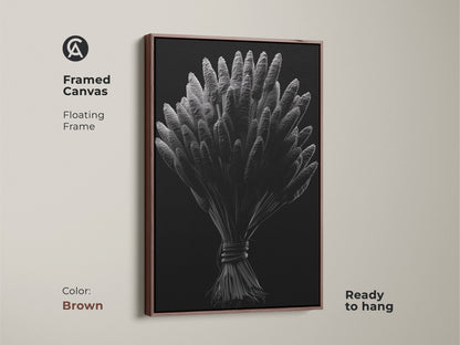 Framed canvas featuring botanical artwork. The silver wheat illustration is displayed in a floating brown frame. This elegant wall art is ready to hang. Discover framed art prints to elevate your decor.