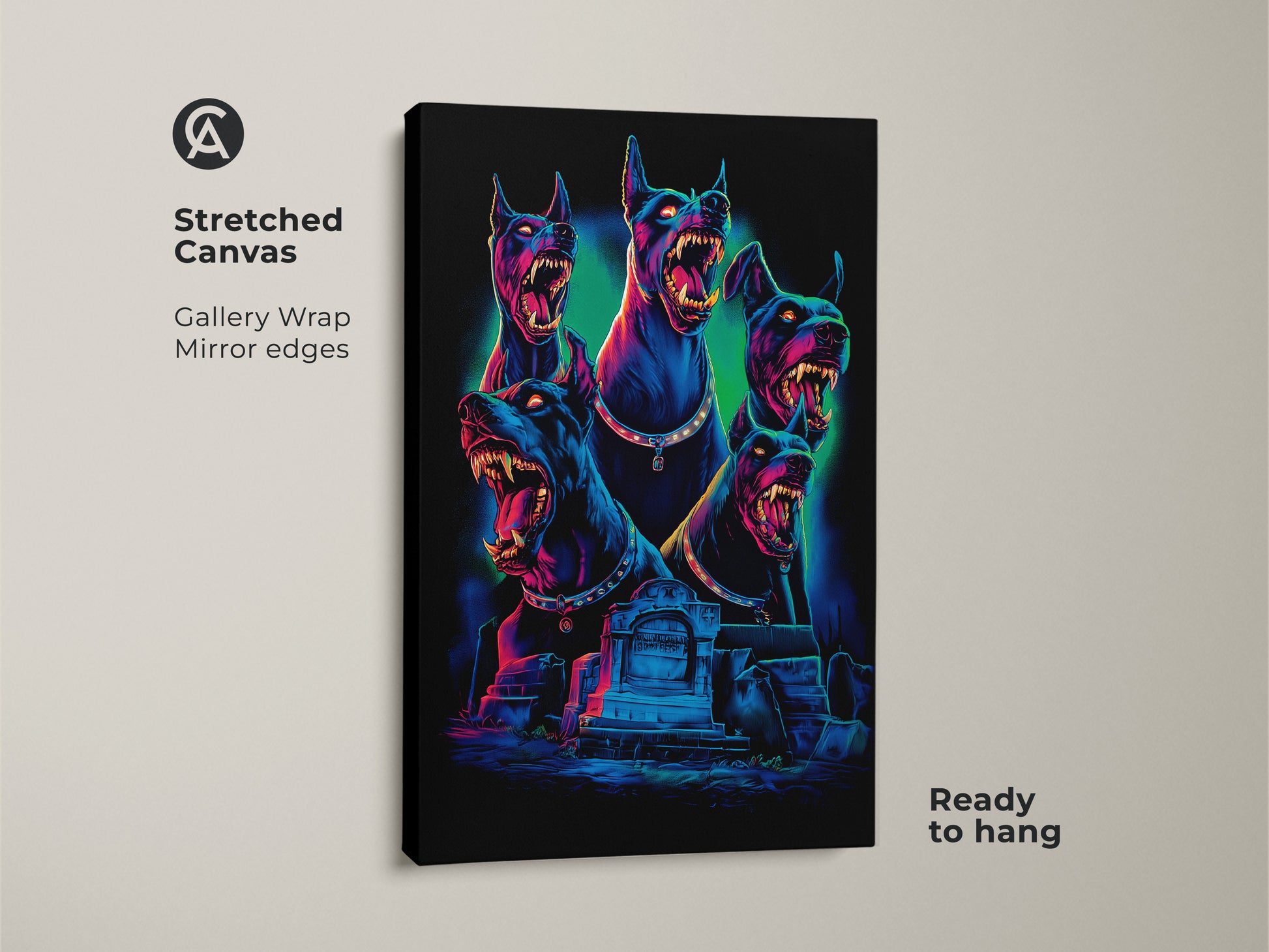 Stretched canvas gallery wrap featuring Gothic Cerberus artwork. The edges mirror the edgy neon blue & electric pink dark fantasy scene. The mythology dog art is ready to hang. It is ideal for a man cave or gothic room decor.