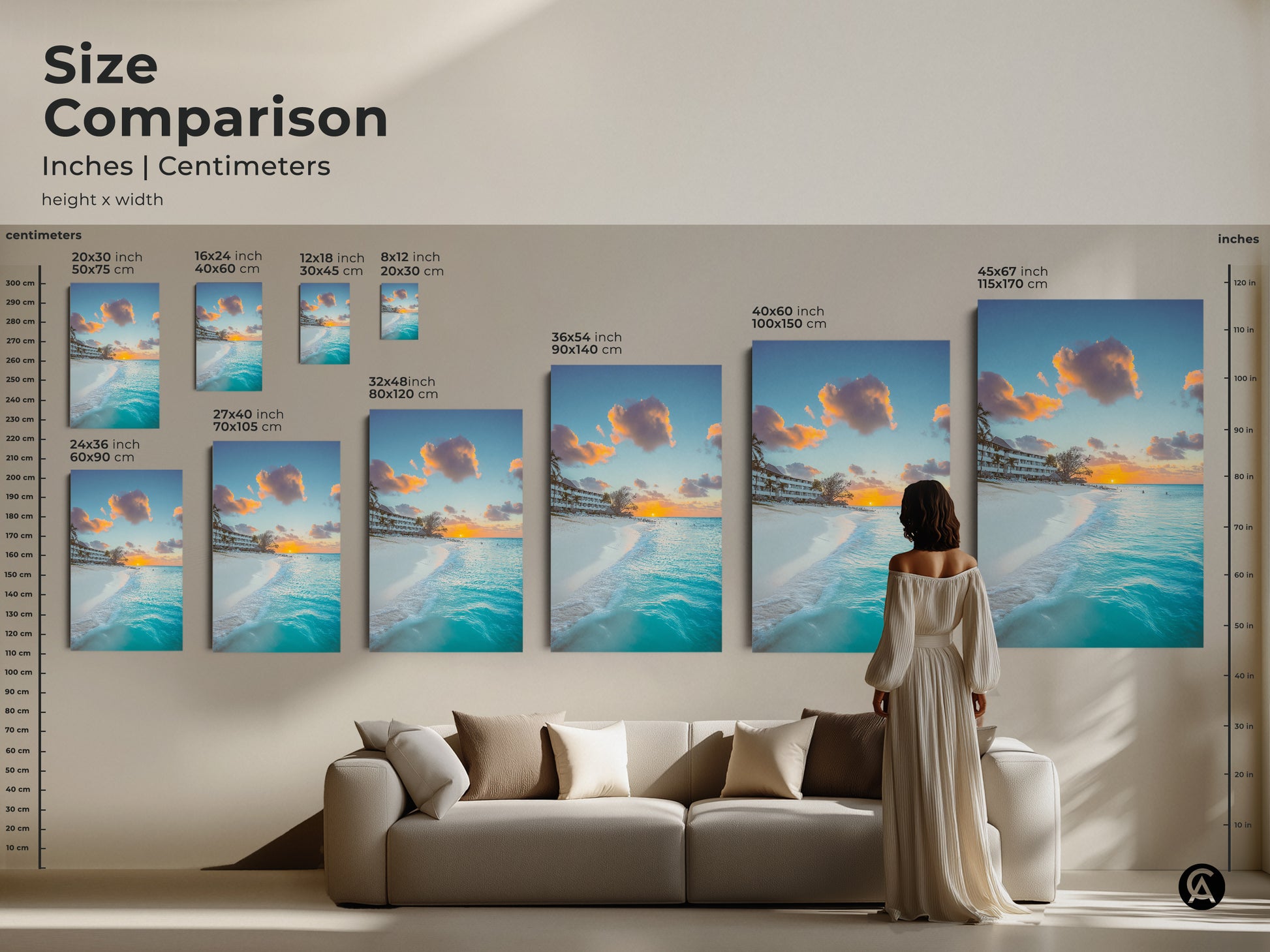 Size comparison of turquoise ocean sunset artwork. Inches and centimeters chart for easy visualization. Coastal beach wall art comes in various sizes. Find the perfect size for your living room with this tropical landscape photography. Enhance your home decor.