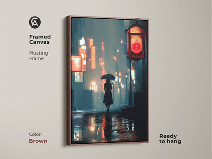 Framed canvas art showing a woman with an umbrella. The brown floating frame complements the neon signs wall art. The orange and teal decor adds a contemporary touch. Ideal housewarming present art. Ready to hang.