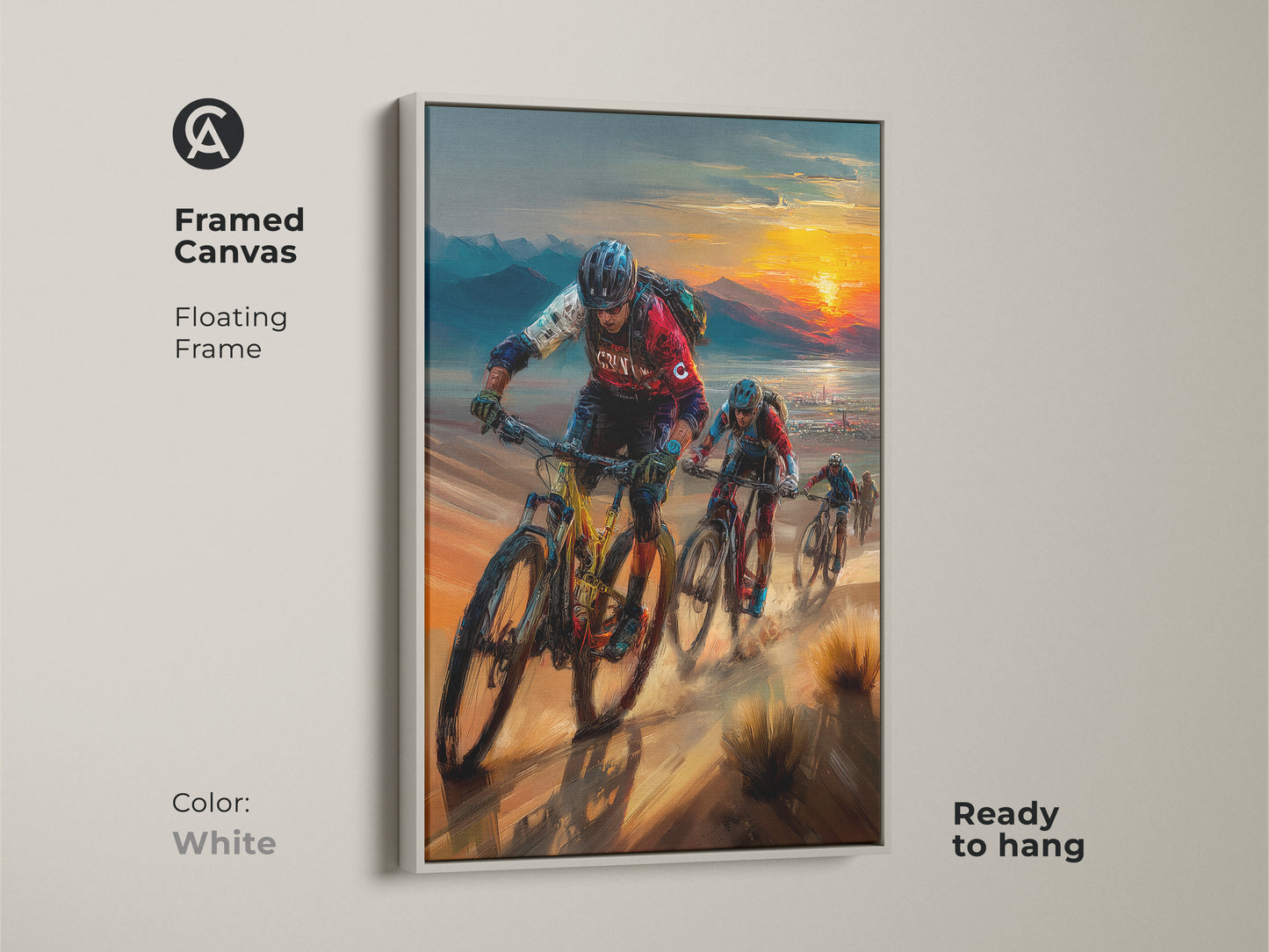 Find inspiration with this mountain biking wall artwork. This framed canvas has a floating white frame. This sunset artwork adds a clean modern touch. It captures cyclists in action against a colorful landscape. A thoughtful gift for cyclists this canvas brings outdoor adventure to your home decor.