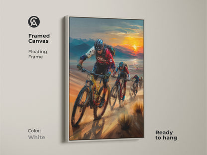 Find inspiration with this mountain biking wall artwork. This framed canvas has a floating white frame. This sunset artwork adds a clean modern touch. It captures cyclists in action against a colorful landscape. A thoughtful gift for cyclists this canvas brings outdoor adventure to your home decor.