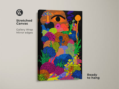 Close-up of a stretched canvas featuring psychedelic mushroom art. The surreal eye wall art showcases abstract colorful designs. This eclectic bedroom decor is ready to hang and enjoy.