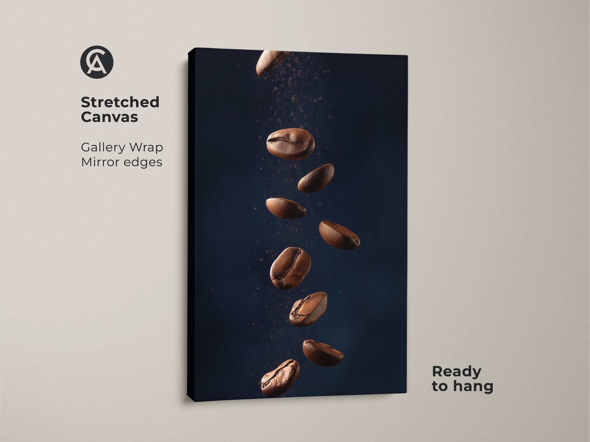 Stretched canvas gallery wrap featuring abstract coffee art. This minimalist kitchen wall art showcases falling coffee beans. It's a modern Tan and Dark Blue art print. The contemporary coffee decor is ready to hang adding style to any room.