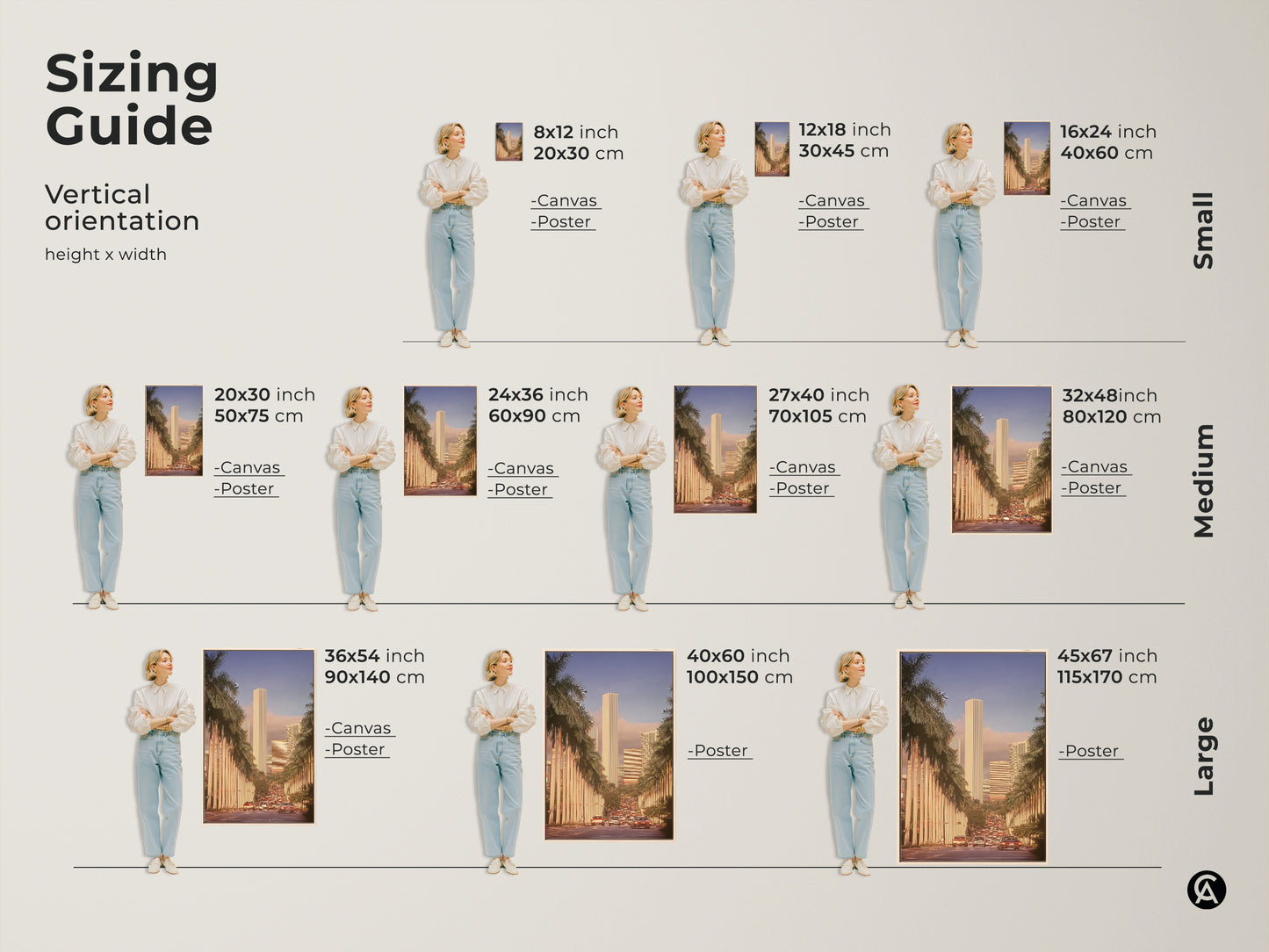 Discover the perfect size for your retro cityscape art print with this sizing guide. Featuring a mid-century modern cityscape of skyscrapers and palm trees available in canvas or poster. Sizes range from small to large to complement any space.