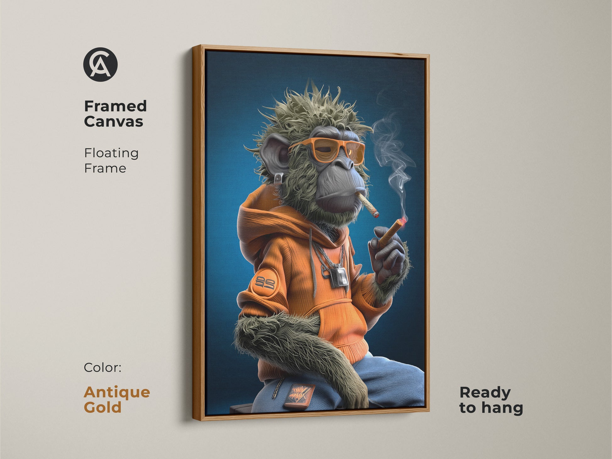This is a antique gold framed canvas of a graffiti monkey art print. The urban street art canvas features a monkey in an orange hoodie smoking. Its ready to hang. This eclectic home decor is a cool hip hop fan gift.
