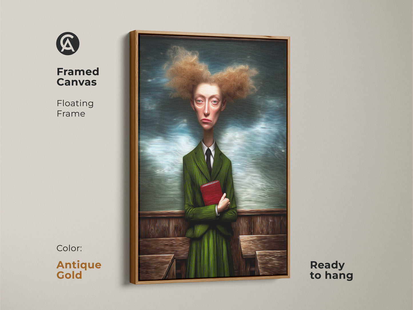 Google Drive displays a warning that it can't scan the file for viruses. The file is an image of a surreal woman portrait art print. She is wearing a green suit and holding a red book. Users can still download the file despite the warning.