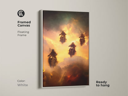 Transform your wall with this framed canvas featuring surreal motorcycle art. The white floating frame showcases fantasy riders in a cloudscape of gold green and orange. Ready to hang this artwork adds a unique and imaginative element to any space.