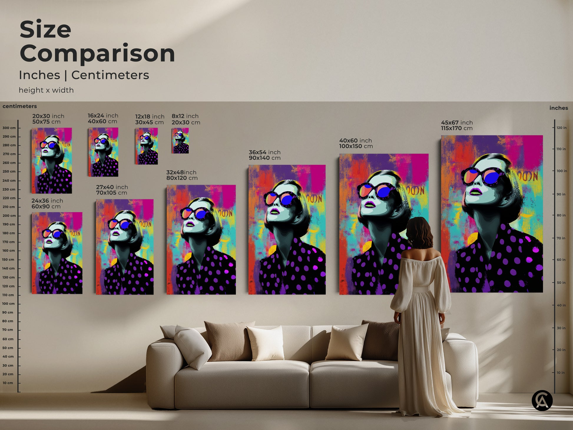 Size comparison of the Pop Art woman artwork in a living room setting. Canvas and poster options are available in multiple sizes. This purple pink and teal art will enhance any room.