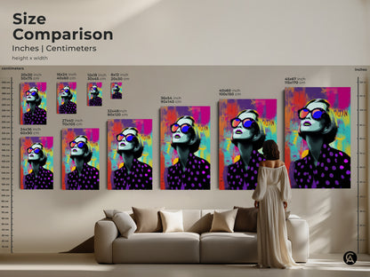 Size comparison of the Pop Art woman artwork in a living room setting. Canvas and poster options are available in multiple sizes. This purple pink and teal art will enhance any room.