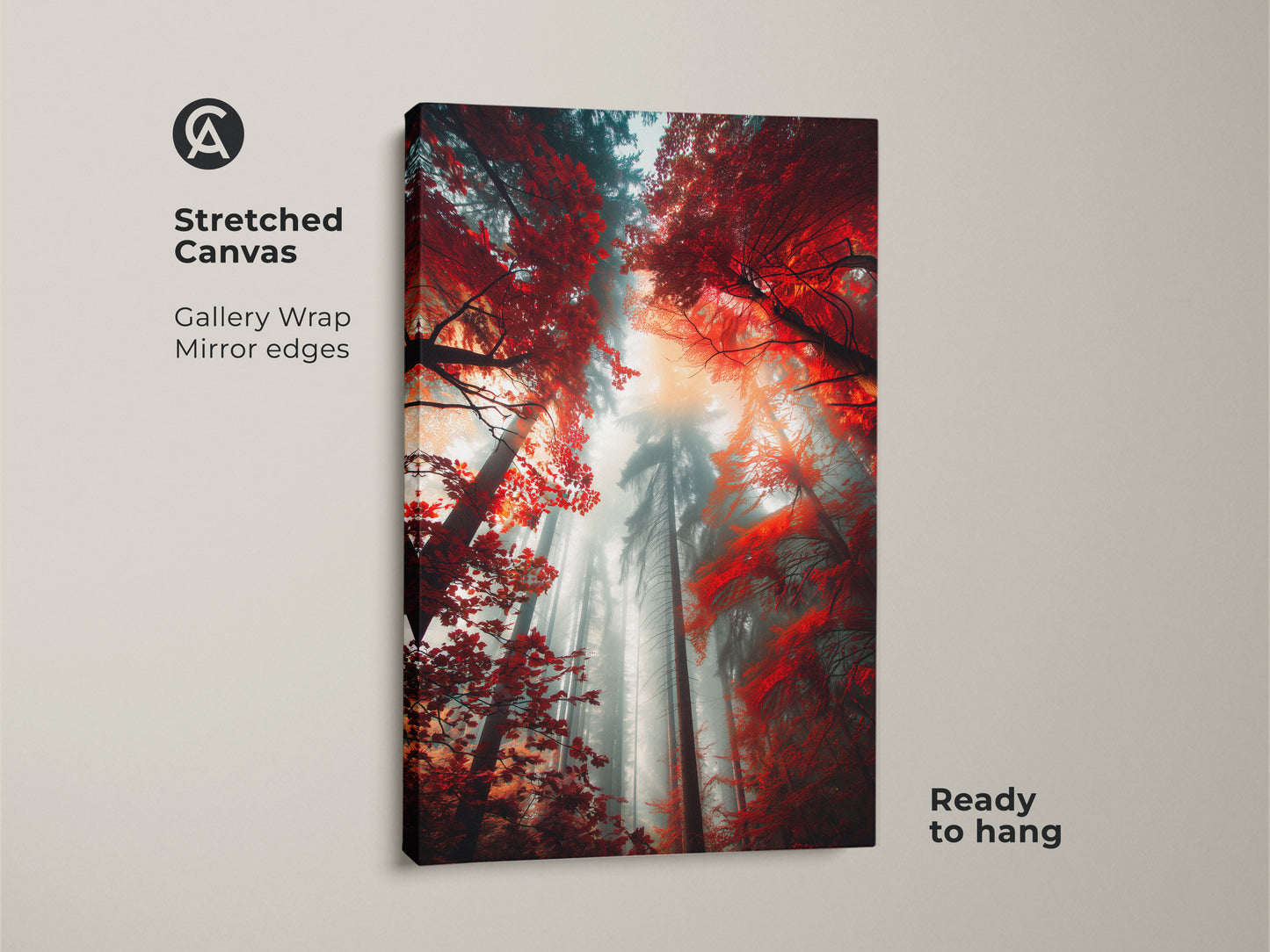 Stretched canvas art print of a misty forest. The image shows tall trees with red leaves. The gallery wrap and mirror edges create a seamless look. This ready-to-hang canvas enhances your home decor with natural art.