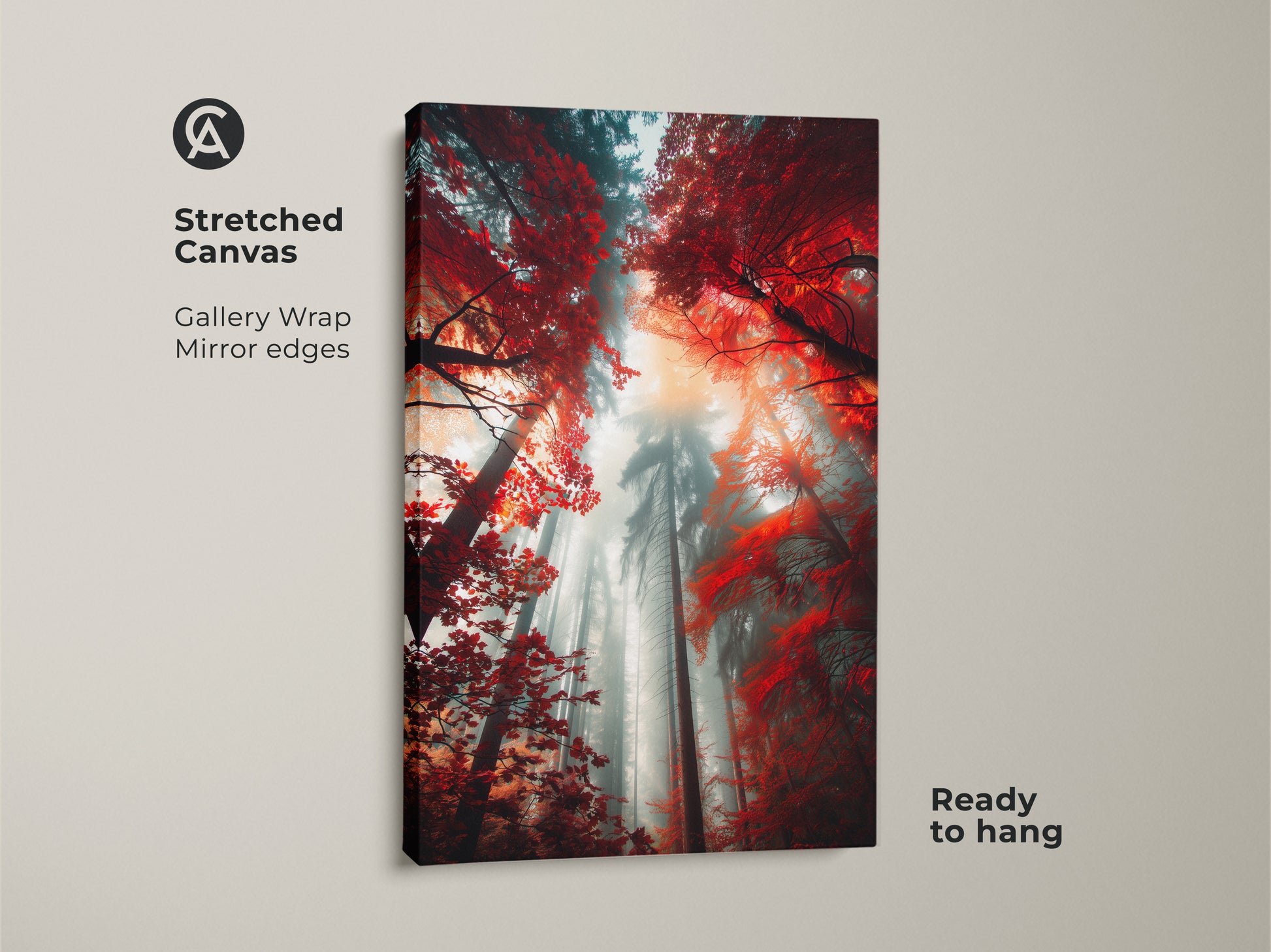 Stretched canvas art print of a misty forest. The image shows tall trees with red leaves. The gallery wrap and mirror edges create a seamless look. This ready-to-hang canvas enhances your home decor with natural art.