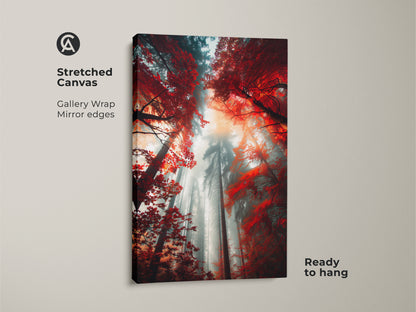 Stretched canvas art print of a misty forest. The image shows tall trees with red leaves. The gallery wrap and mirror edges create a seamless look. This ready-to-hang canvas enhances your home decor with natural art.