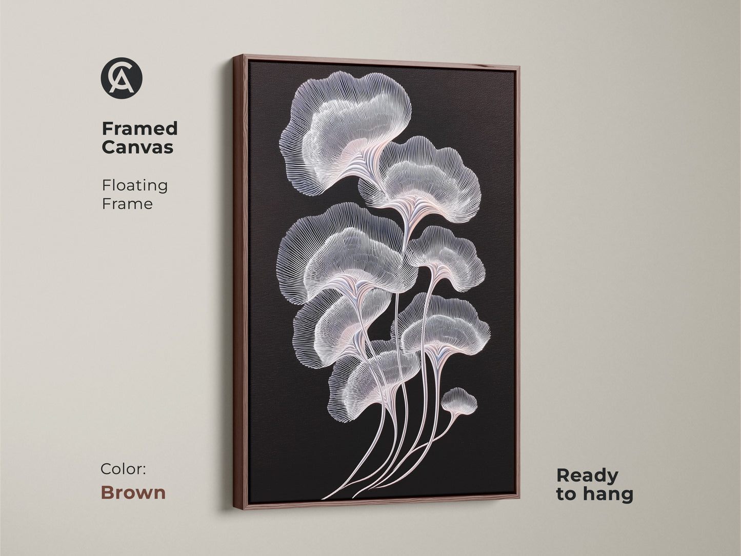 Contemporary botanical art with a brown framed canvas. Minimalist artwork featuring ginkgo leaves. Abstract design with delicate white and pink lines. Ideal wall decor for modern homes and offices. Ready to hang canvas print.