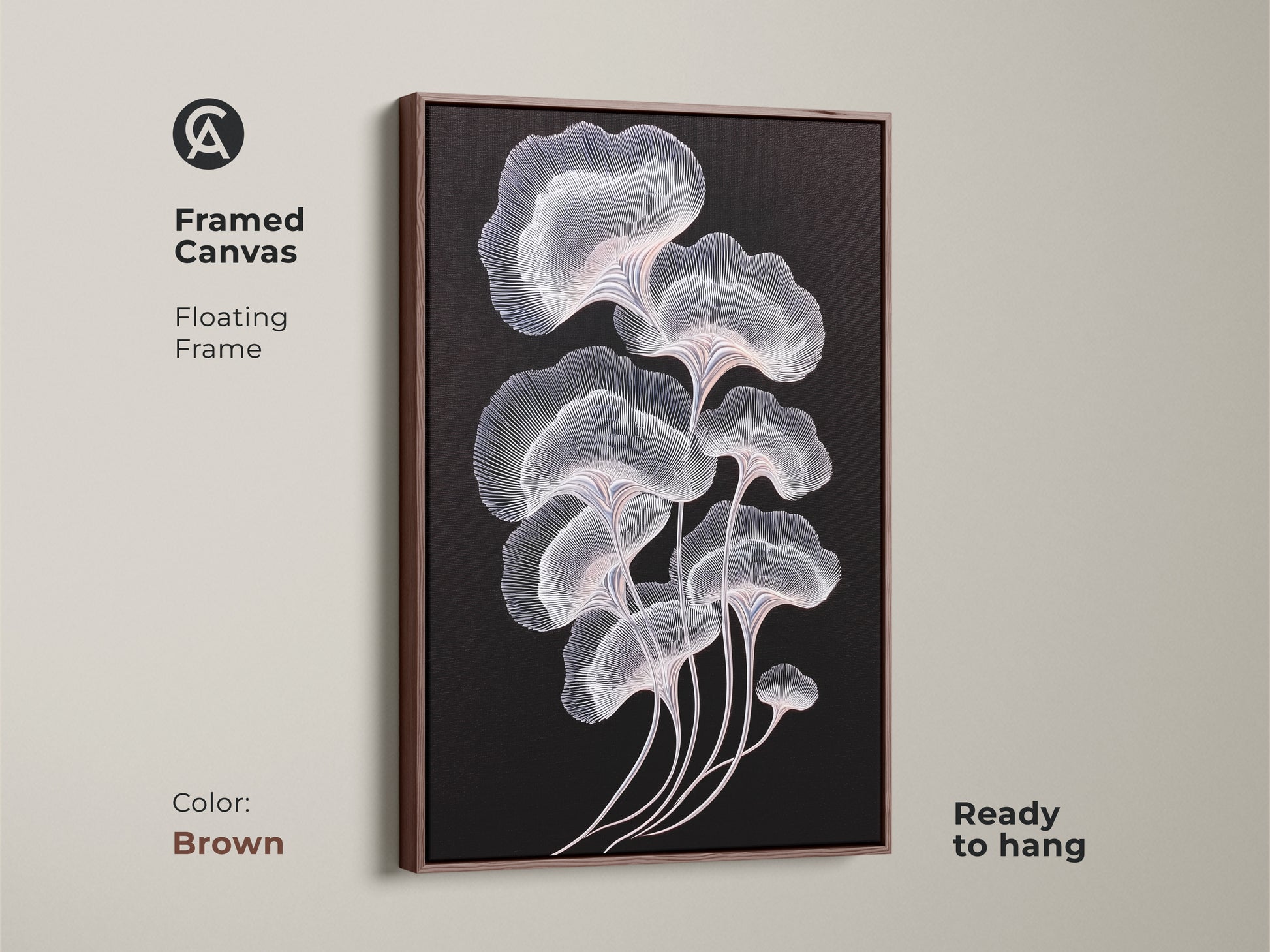 Contemporary botanical art with a brown framed canvas. Minimalist artwork featuring ginkgo leaves. Abstract design with delicate white and pink lines. Ideal wall decor for modern homes and offices. Ready to hang canvas print.