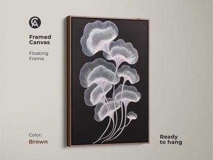 Contemporary botanical art with a brown framed canvas. Minimalist artwork featuring ginkgo leaves. Abstract design with delicate white and pink lines. Ideal wall decor for modern homes and offices. Ready to hang canvas print.