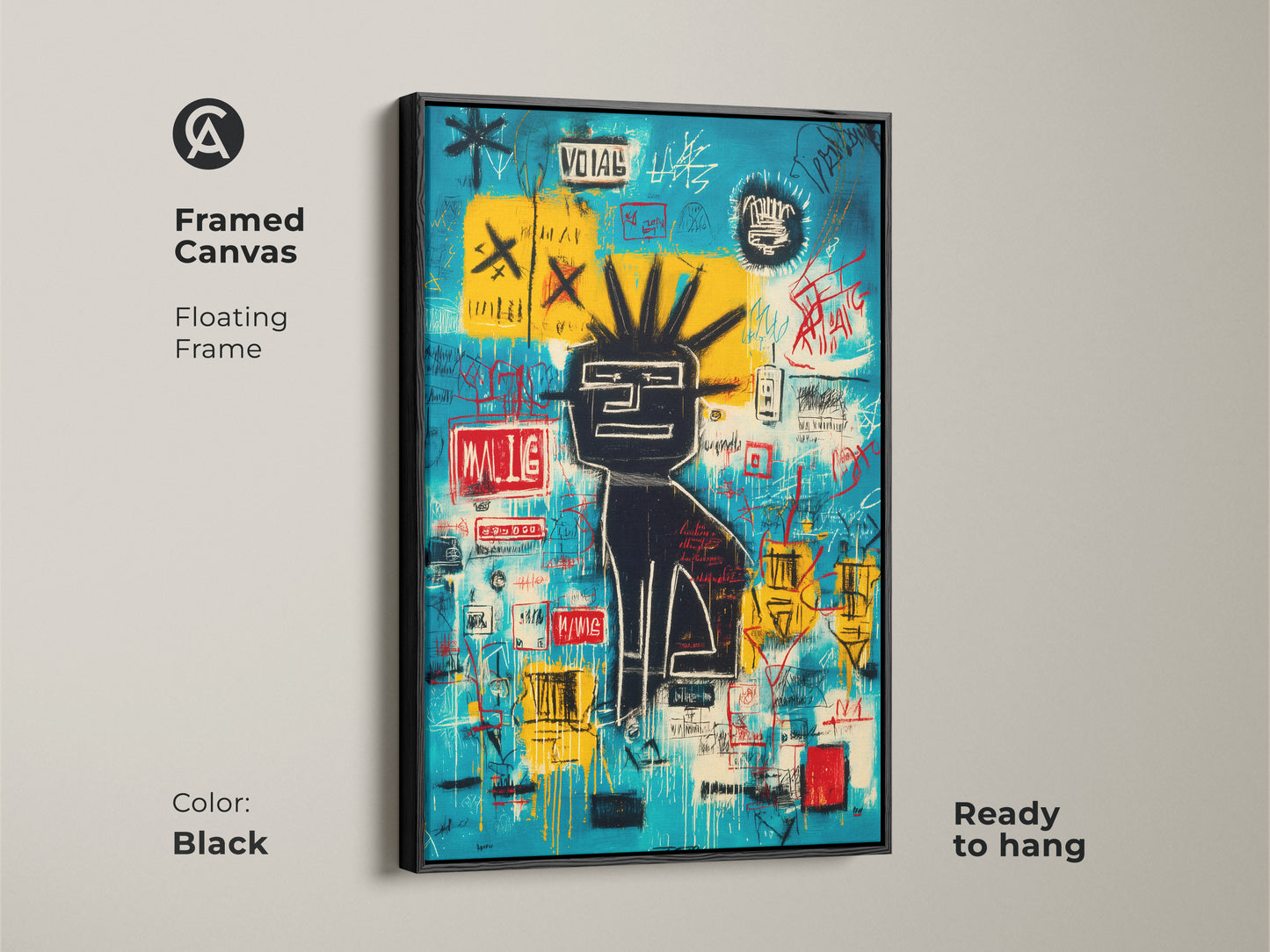 Framed canvas art in a floating black frame. This piece showcases Basquiat-style graffiti art. The art is ready to hang. The black frame adds a sleek modern touch. Find the perfect framed art today.