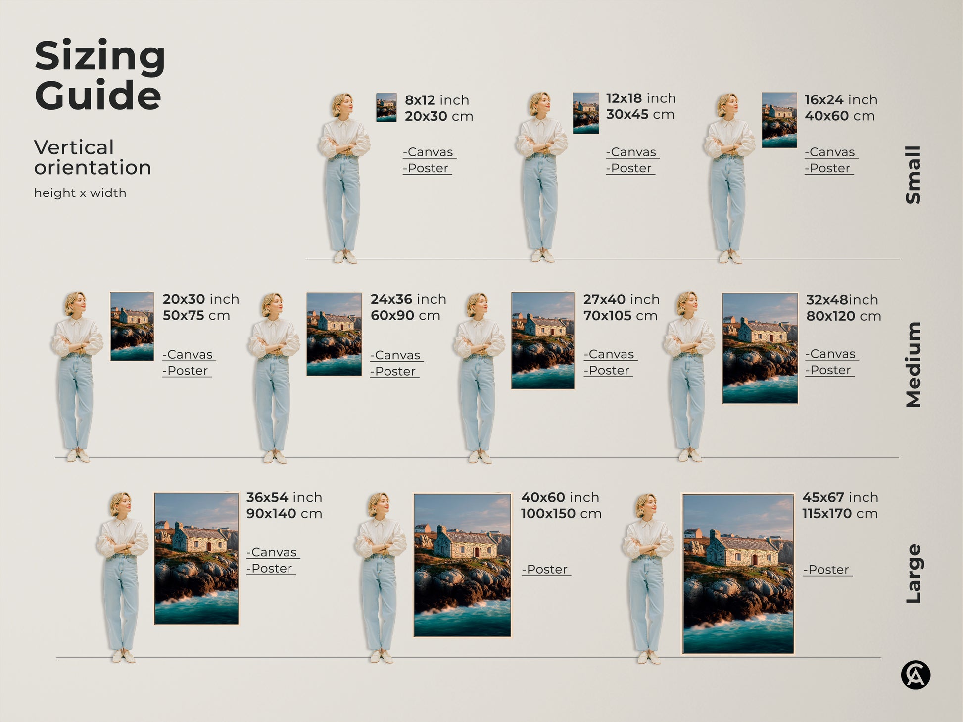 Sizing guide for coastal stone cottage wall art. Vertical orientation canvas and poster prints. Available in small medium and large sizes. Visualize the perfect fit for your space. Featuring a stone house on a rocky coastline.
