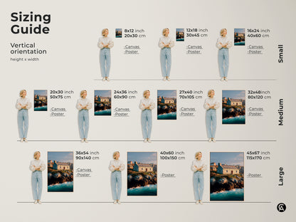 Sizing guide for coastal stone cottage wall art. Vertical orientation canvas and poster prints. Available in small medium and large sizes. Visualize the perfect fit for your space. Featuring a stone house on a rocky coastline.