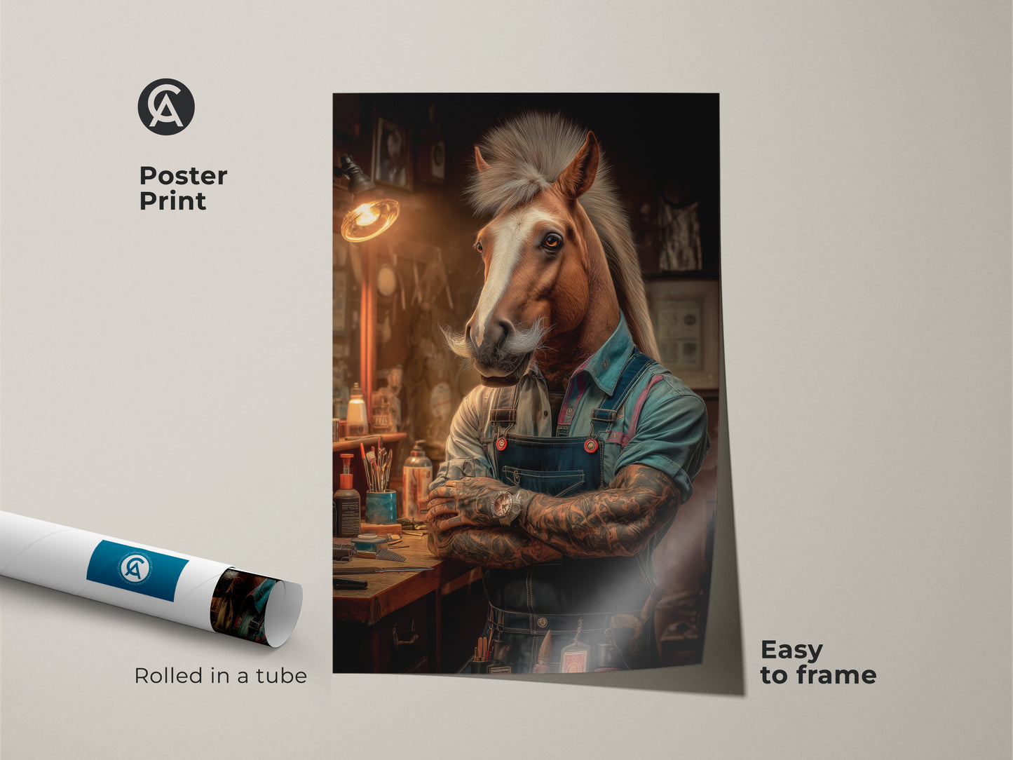 Poster print featuring a horse dressed as a barber in a surreal neo noir style. Rolled in a tube this equestrian artwork is easy to frame. Ideal for adding an eclectic touch to your office wall decor. This unique animal art makes a fantastic gift for horse enthusiasts.