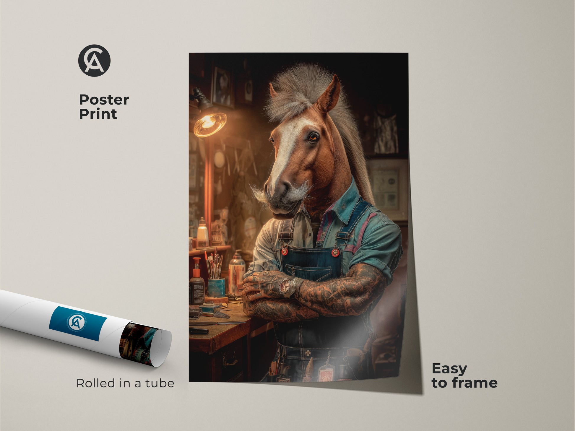 Poster print featuring a horse dressed as a barber in a surreal neo noir style. Rolled in a tube this equestrian artwork is easy to frame. Ideal for adding an eclectic touch to your office wall decor. This unique animal art makes a fantastic gift for horse enthusiasts.