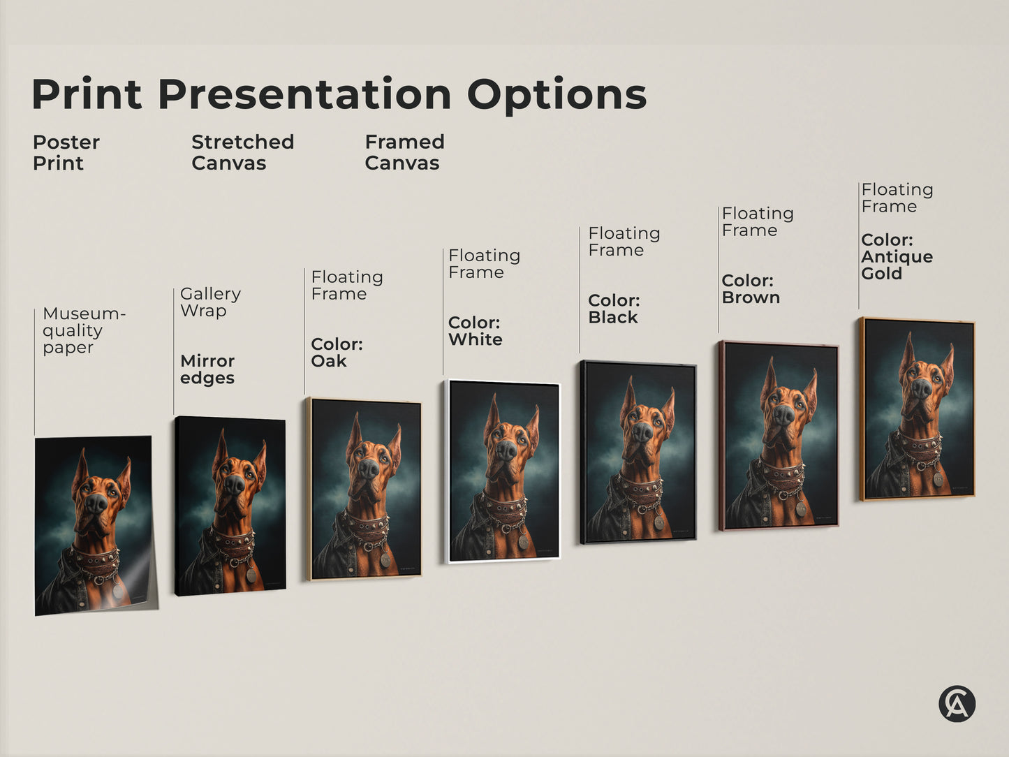 Explore print presentation options for the Doberman wall art. Choose from poster print stretched canvas or framed canvas. Each option features museum quality paper gallery wrap and floating frames. Find the perfect style to showcase this unique Doberman artwork.