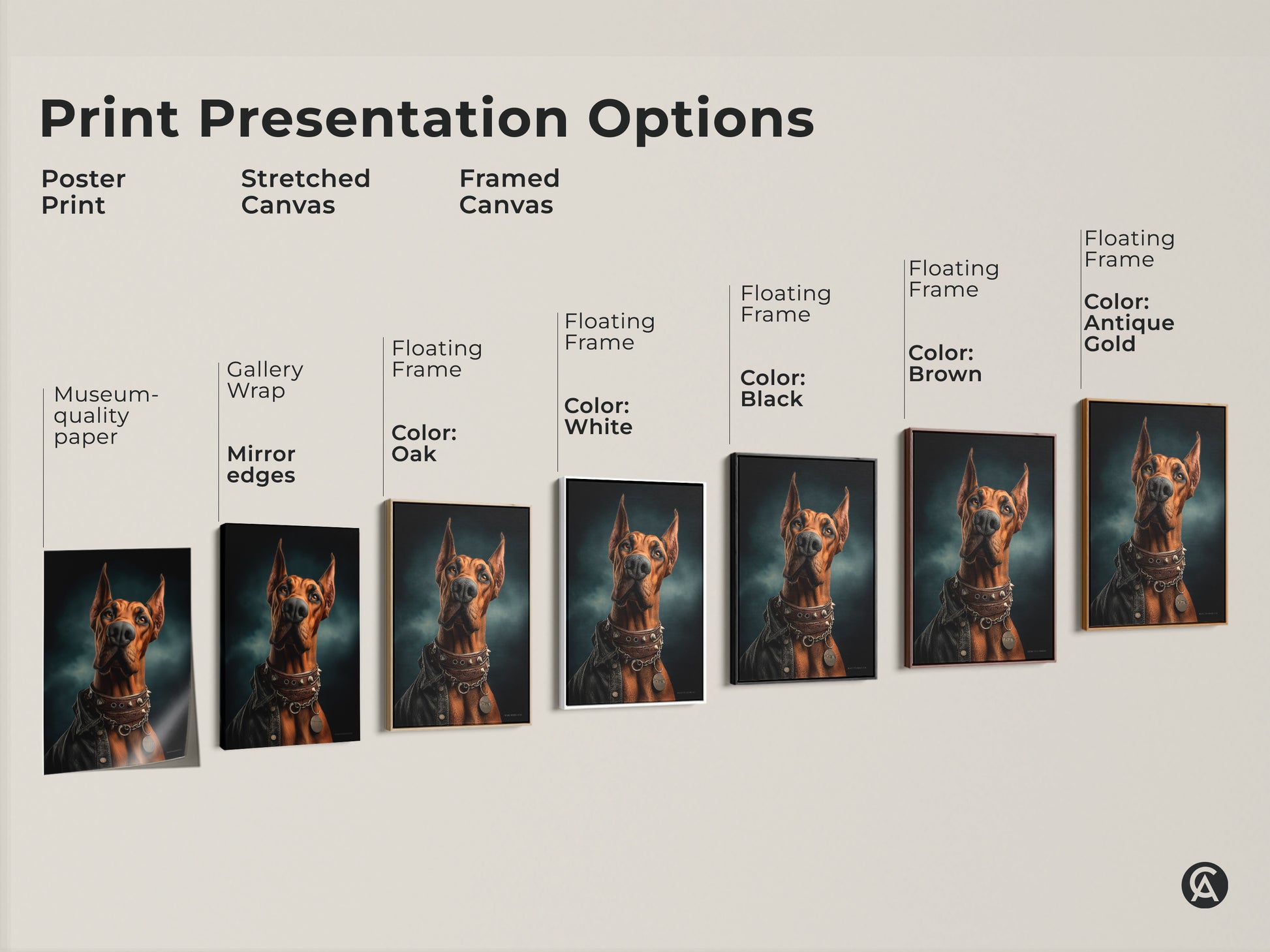 Explore print presentation options for the Doberman wall art. Choose from poster print stretched canvas or framed canvas. Each option features museum quality paper gallery wrap and floating frames. Find the perfect style to showcase this unique Doberman artwork.