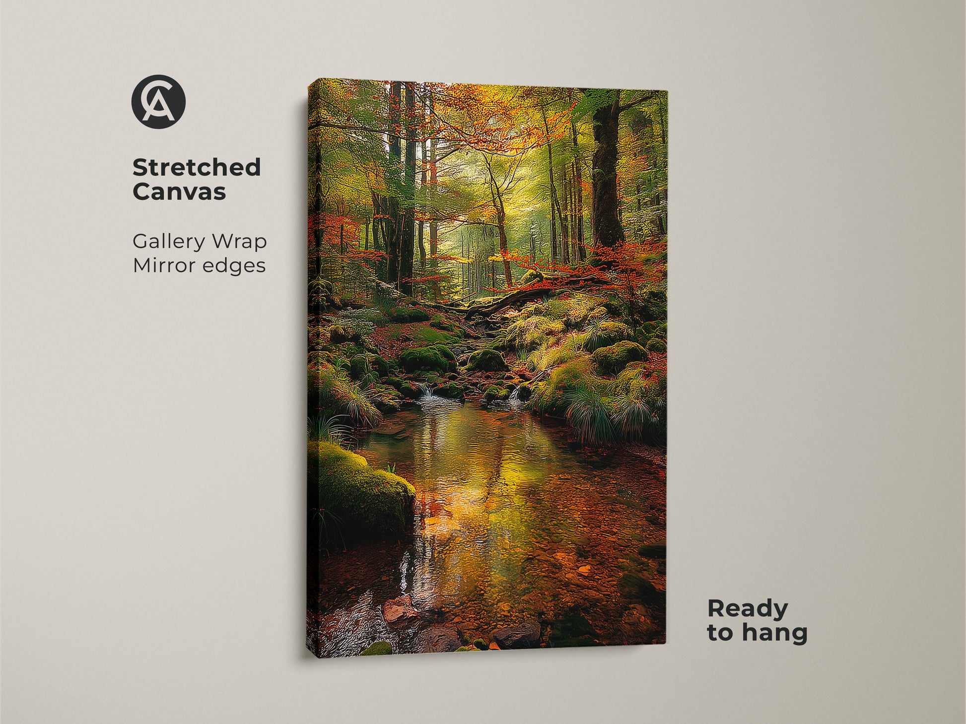 Bring nature indoors with this stretched canvas artwork. The gallery wrap and mirror edges create a seamless look. The tranquil forest stream reflects autumn colors. This ready-to-hang piece adds natural beauty to your space with vibrant color and detailed resolution.