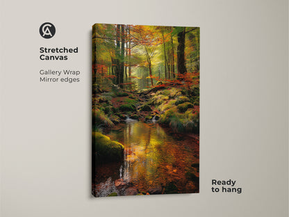Bring nature indoors with this stretched canvas artwork. The gallery wrap and mirror edges create a seamless look. The tranquil forest stream reflects autumn colors. This ready-to-hang piece adds natural beauty to your space with vibrant color and detailed resolution.