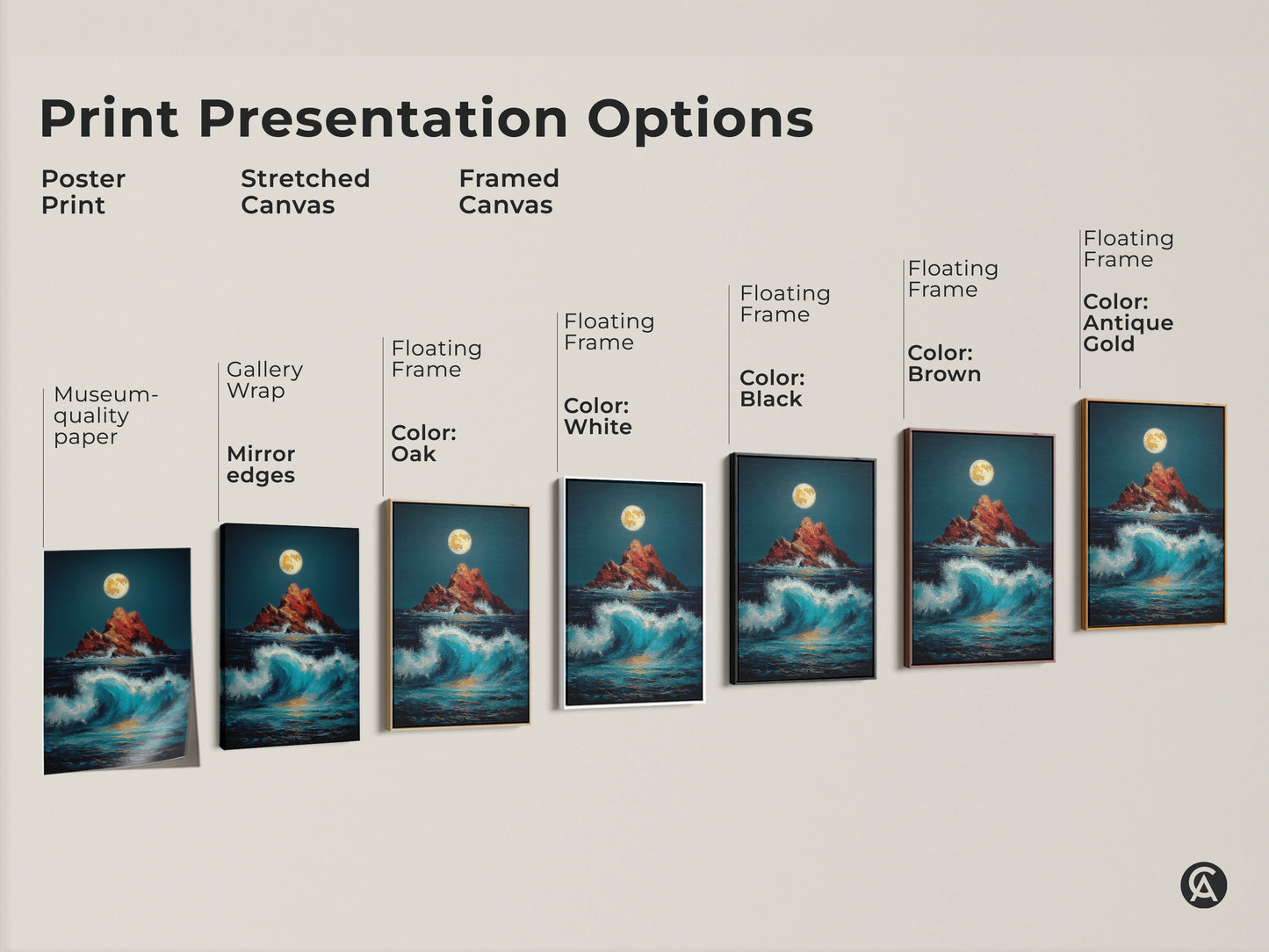 Explore presentation options for moonlit rocky island canvas art. Choose from poster prints to stretched and framed canvases in various frame colors. Find the perfect piece for your coastal home decor.