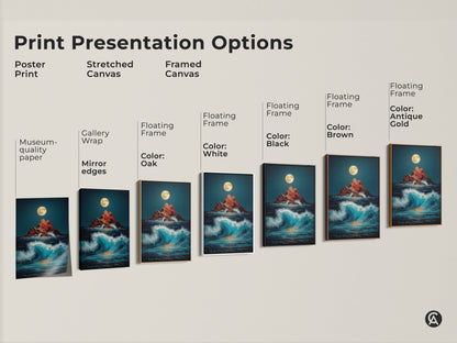 Explore presentation options for moonlit rocky island canvas art. Choose from poster prints to stretched and framed canvases in various frame colors. Find the perfect piece for your coastal home decor.