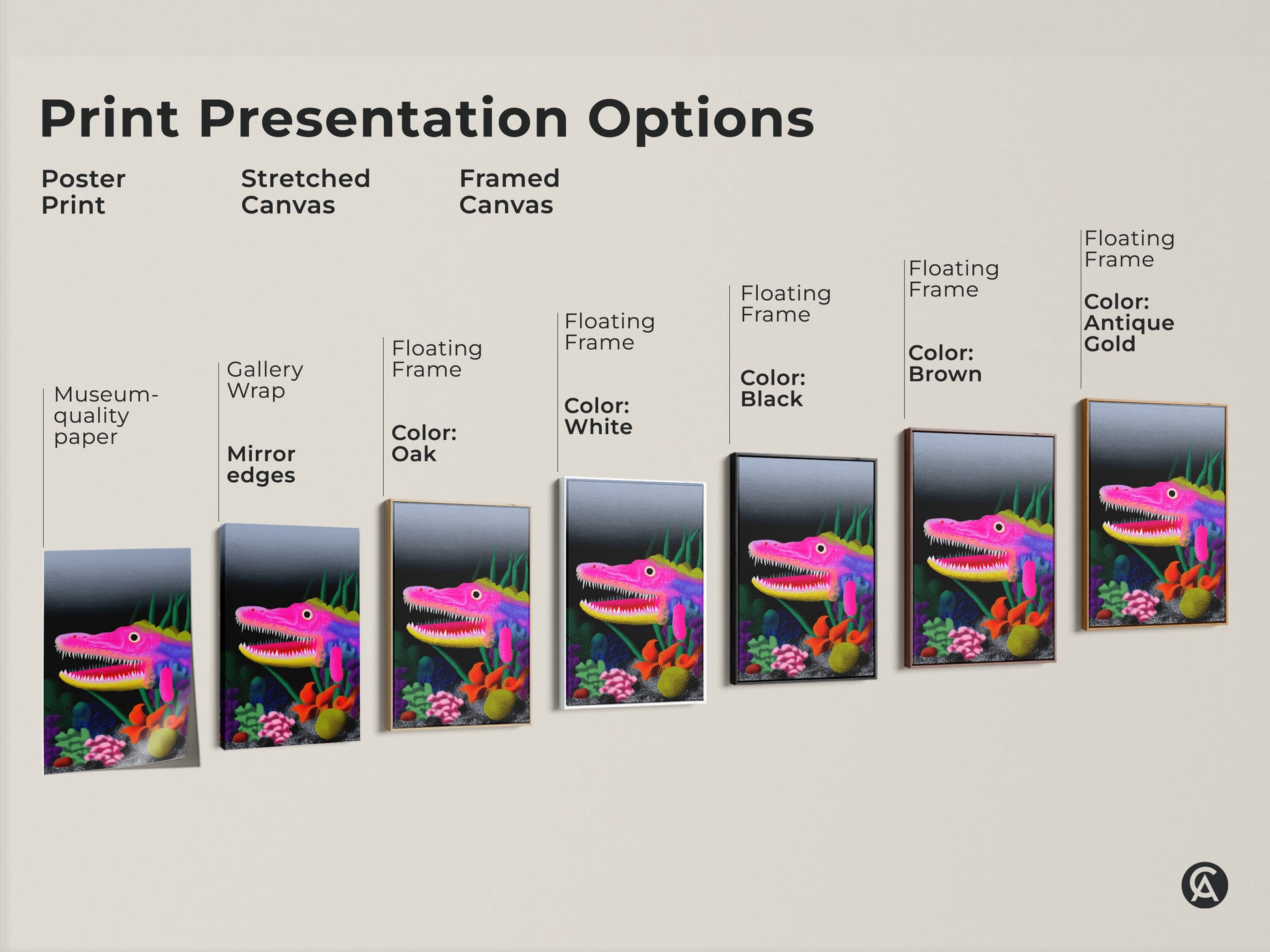 Print presentation options showcasing a surreal dragon. Choose poster print stretched canvas or framed canvas. Options include black brown antique gold and white frames. A museum-quality paper is used.