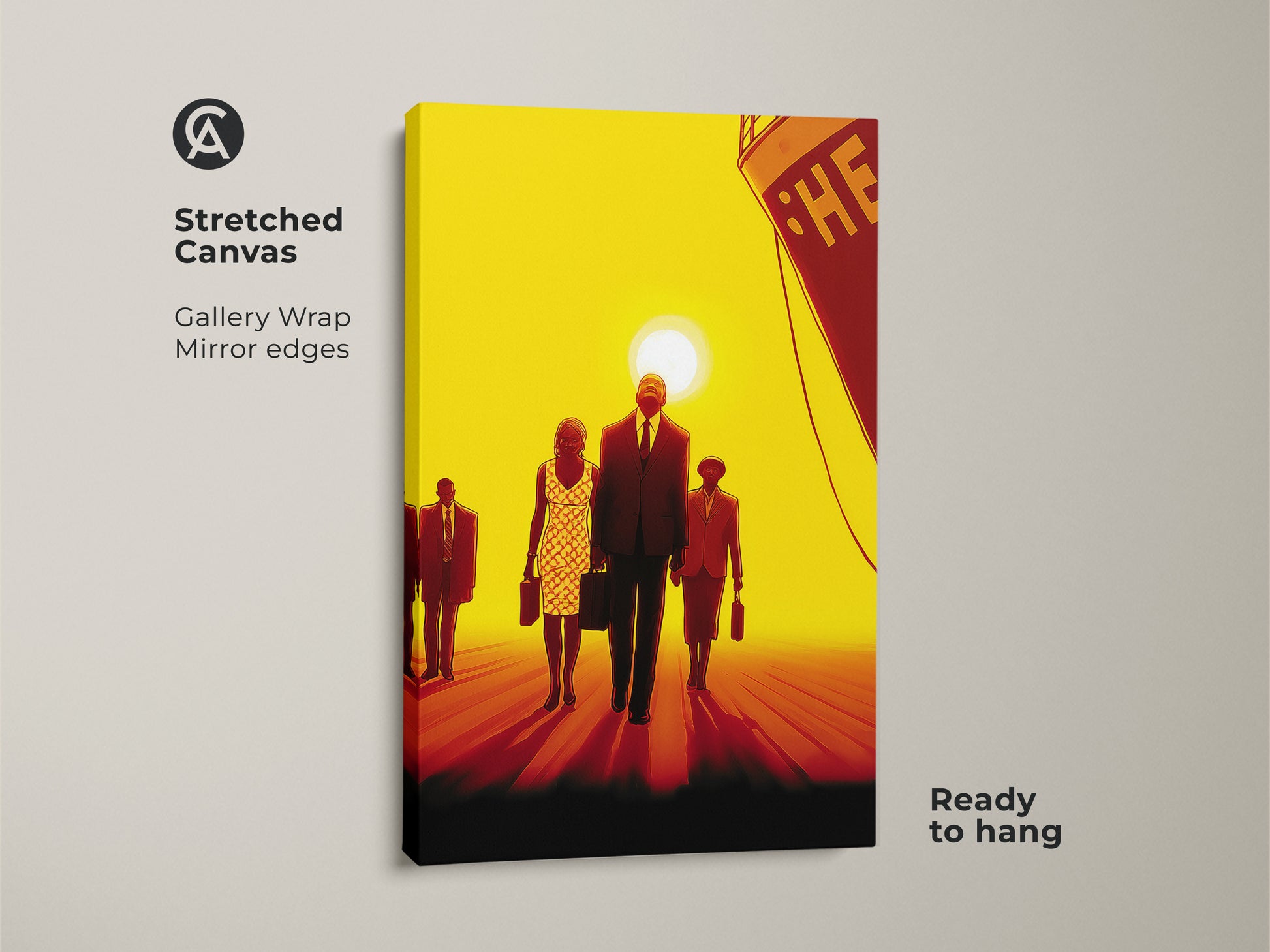 Stretched canvas gallery wrap of retro people walking towards a ship at sunset. The artwork is ready to hang. This canvas print features a contemporary style with a bold yellow red and orange palette.