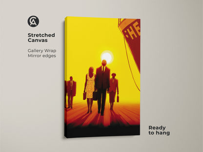 Stretched canvas gallery wrap of retro people walking towards a ship at sunset. The artwork is ready to hang. This canvas print features a contemporary style with a bold yellow red and orange palette.