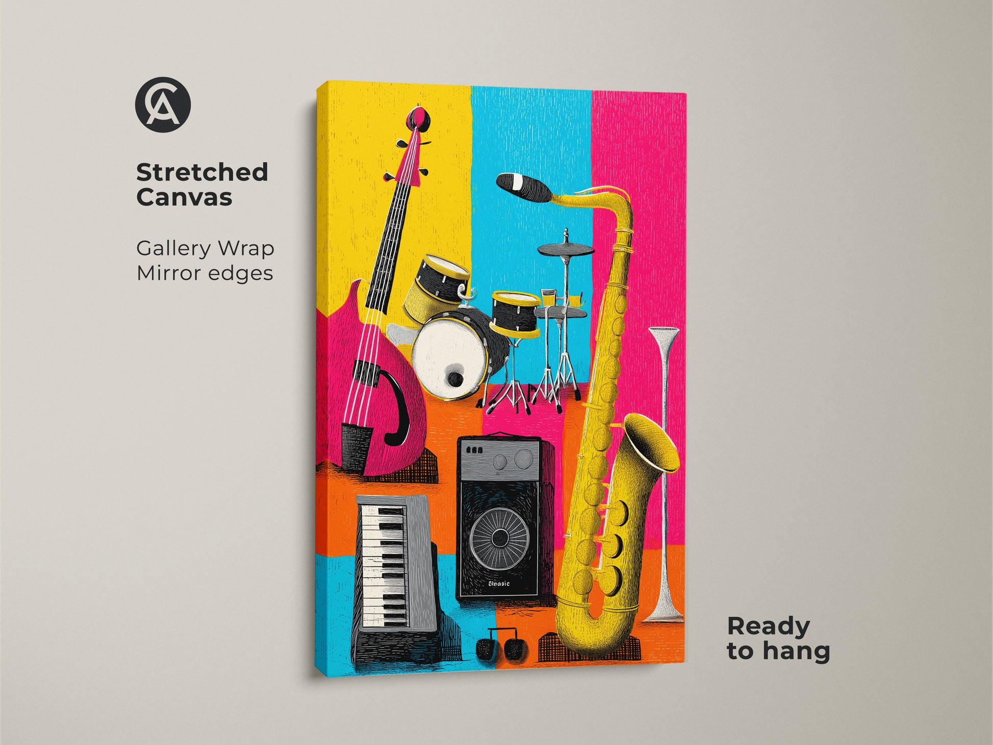 Stretched canvas musical instrument artwork. Gallery wrapped with mirrored edges. Showcases a guitar drums keyboard and saxophone. Ready to hang and enjoy this colorful music art.