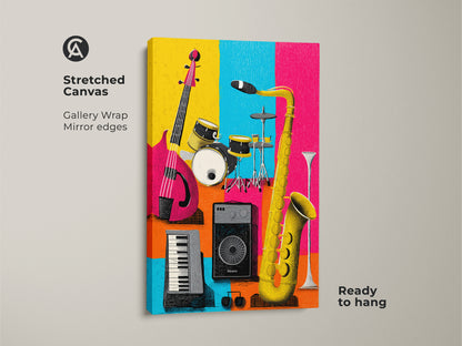 Stretched canvas musical instrument artwork. Gallery wrapped with mirrored edges. Showcases a guitar drums keyboard and saxophone. Ready to hang and enjoy this colorful music art.