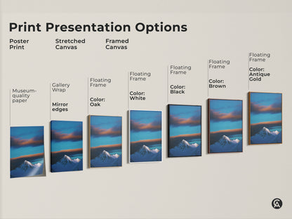 Explore print presentation options with this snowy mountain canvas art. Choose from poster prints stretched canvas and framed canvas. Each option showcases the blue sky and clouds in this nature photography decor. Find the perfect fit for your home.