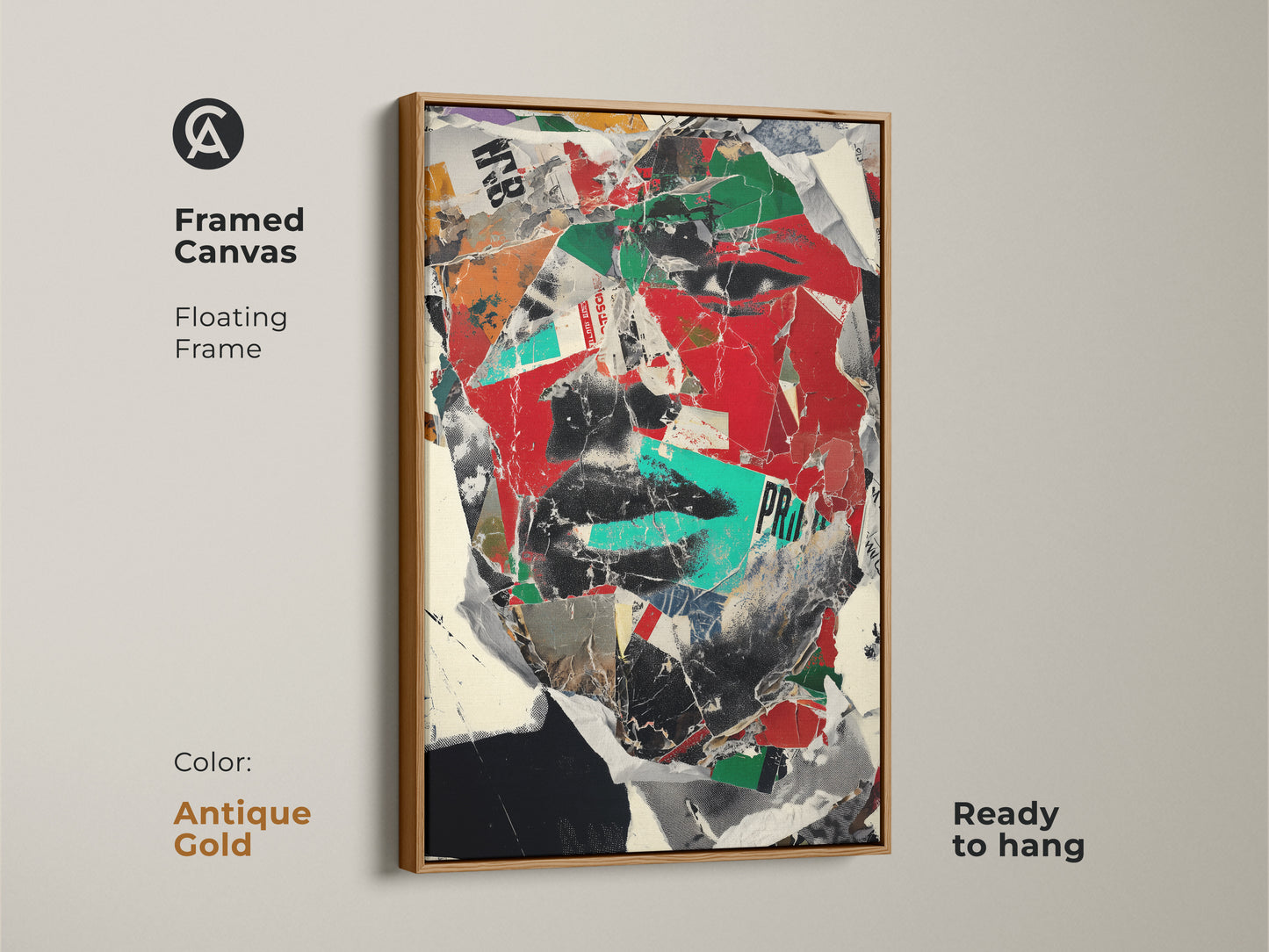 Framed canvas of an abstract face portrait in an antique gold floating frame. A red black and green mixed media collage adds a unique touch. Ready to hang this bold color abstract art is a perfect gift.